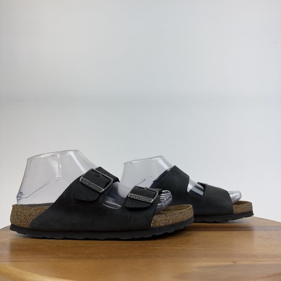 Womens Birkenstock Arizona Black Leather Soft Footbed Slide Sandals Size EU 38 - Picture 1 of 8